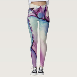 Legging Abstrato Álcool Tinta Rosa Púrpura Azul Branco
