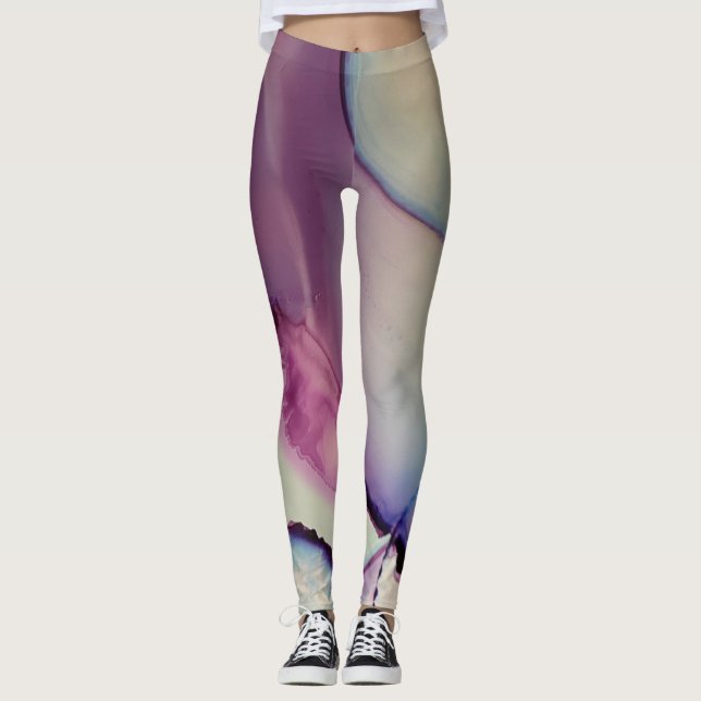Legging Abstrato Álcool Tinta Rosa Púrpura Azul Branco (Frente)