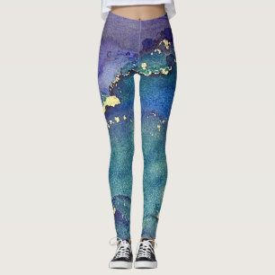 Legging Abstrato Álcool Tinta Verde Púrpura Azul e Dourado