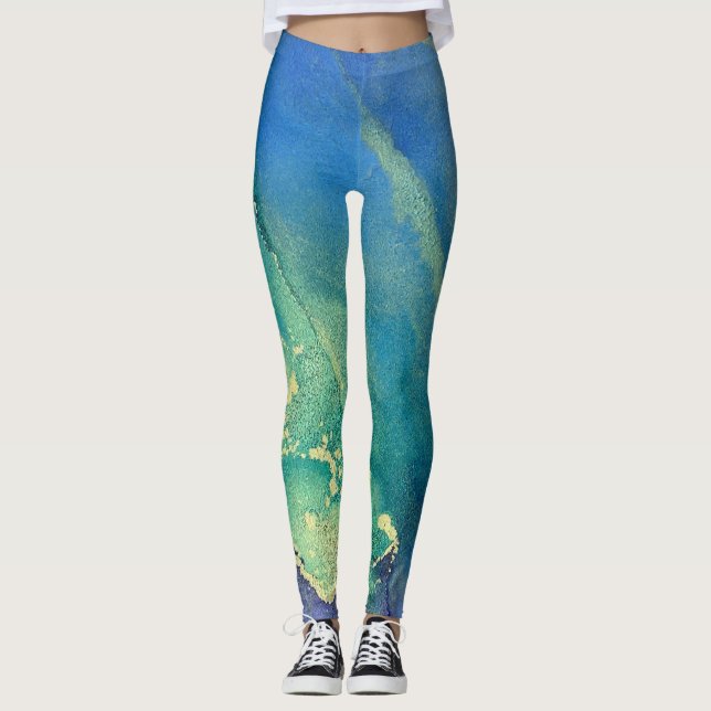 Legging Abstrato Álcool Tinta Verde Púrpura Azul e Dourado (Frente)