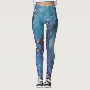 Legging Abstrato Álcool Tinta Verde Púrpura Azul e Dourado