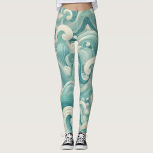 Legging Abstrato Aqua Blue & White Wave - Arte Fluida Mode