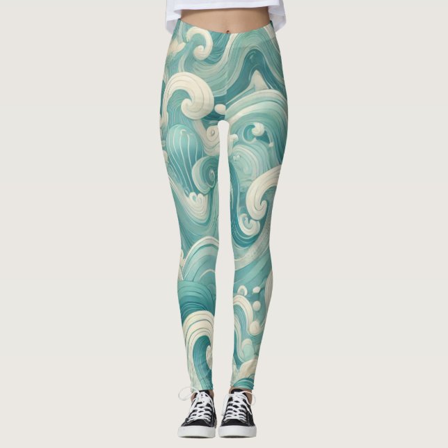 Legging Abstrato Aqua Blue & White Wave - Arte Fluida Mode (Frente)
