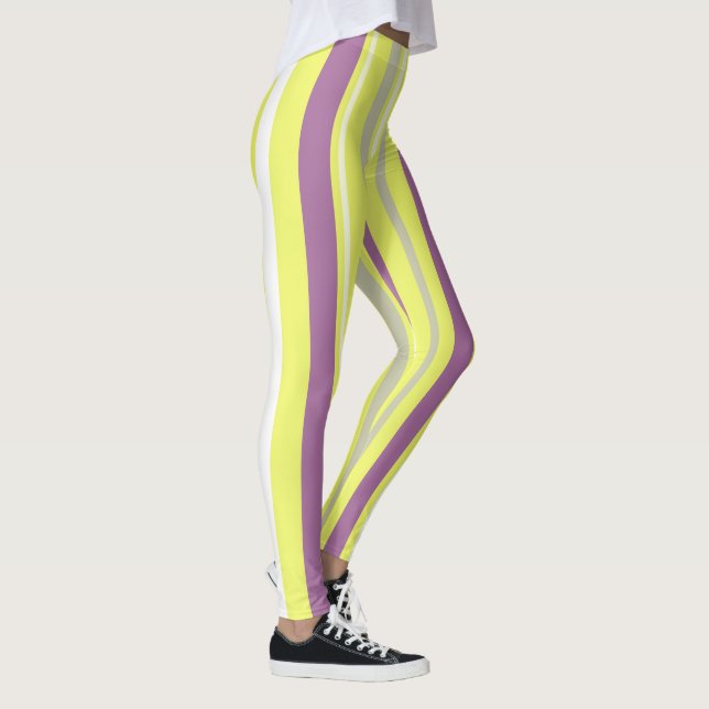 Legging Abstrato Art Cinzas Roxas Amarelas Stripes Brancas (Direita)