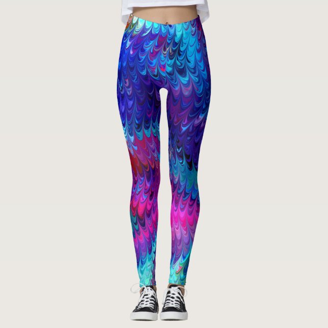 Legging Abstrato azul cor-de-rosa marmoreando arte Ebru (Frente)