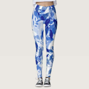 Legging Abstrato Azul e Folhas Brancas