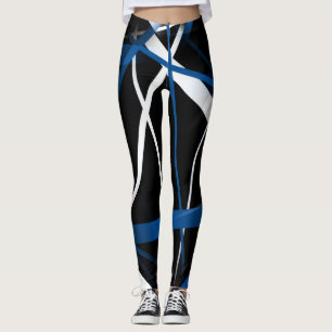 Legging Abstrato Azul sem costura e linhas brancas em pret