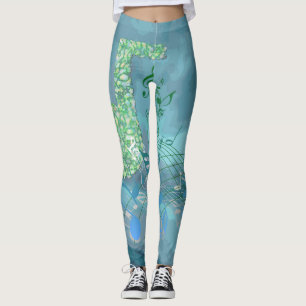 Legging Abstrato azul & verde das notas da música
