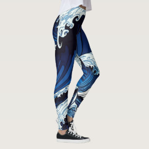 Legging Abstrato Blue Ocean Ondas Japonês Estilo Trabalho 