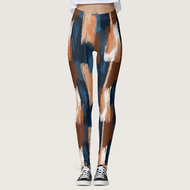 Legging Abstrato Brushstrokes em Azul, Branco e Marrom (Frente)