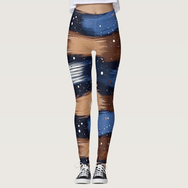 Legging Abstrato Brushstrokes em Azul, Branco e Marrom (3) (Frente)