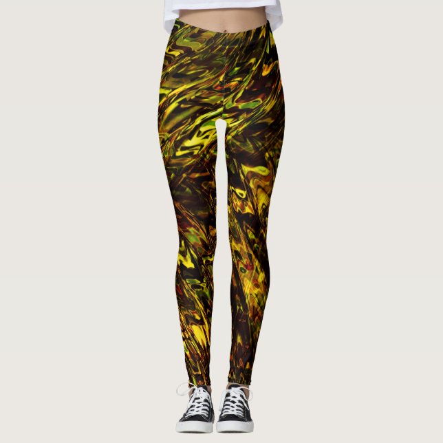 Legging Abstrato com bandas grandes curvas em ouro a verde (Frente)