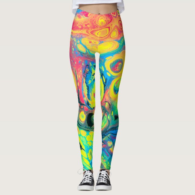 Legging Abstrato de Arte de Fluido Acrílico Selvagem (Frente)