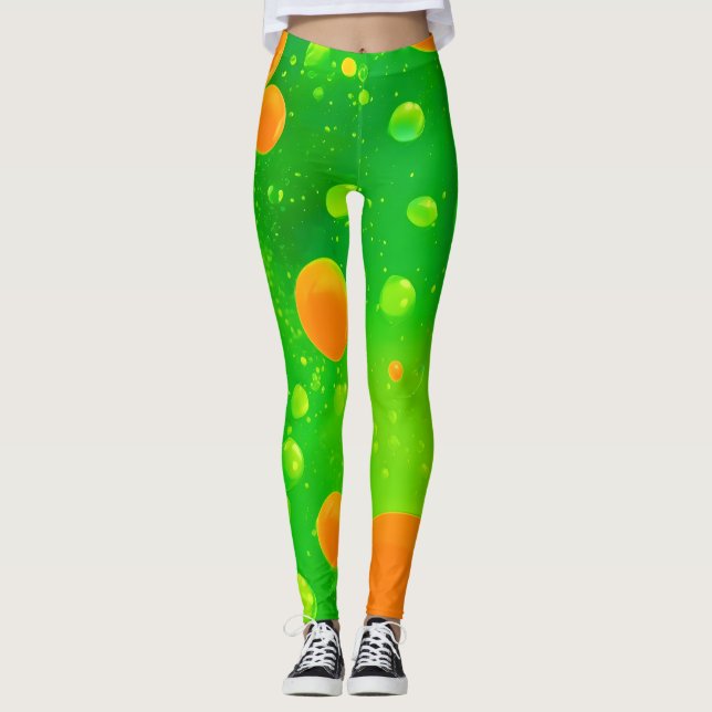 Legging Abstrato de Arte Laranja e Bolha Verde (Frente)