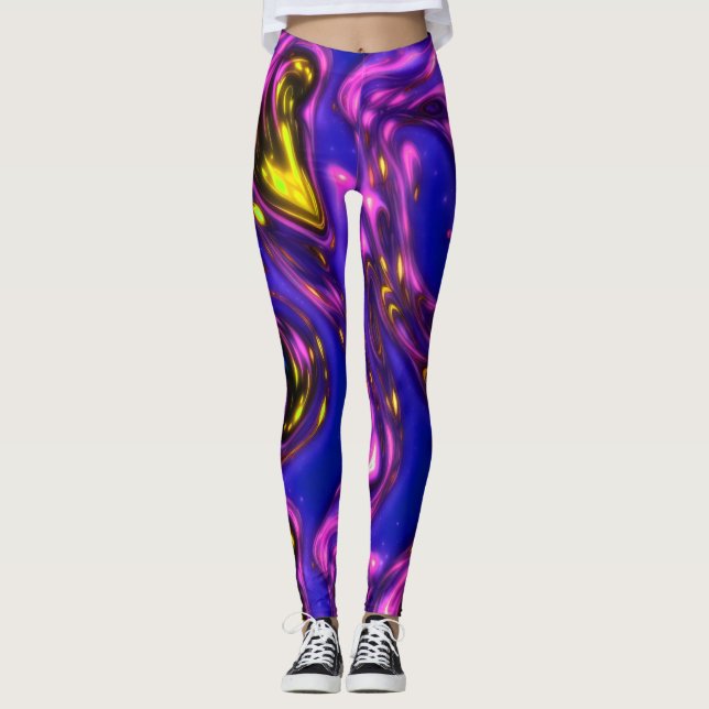 Legging Abstrato de Arte Líquida Roxa e Amarela (Frente)