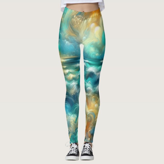 Legging Abstrato de Desenho de Pastel duro Oceano (Frente)