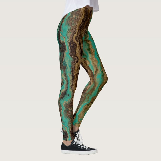 Legging Abstrato de mármore verde-turquesa e castanho (Direita)