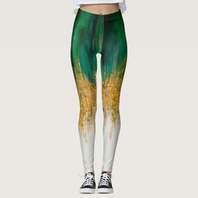 Legging Abstrato de movimento verde e dourado (Frente)