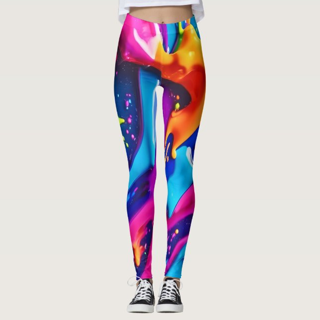 Legging Abstrato de Splatter de Tinta Neon Vibrante (Frente)