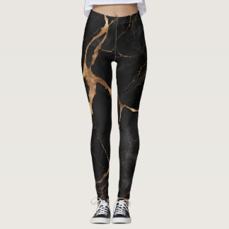 Legging Abstrato de Textura Dourada de Pedra Marble Preto