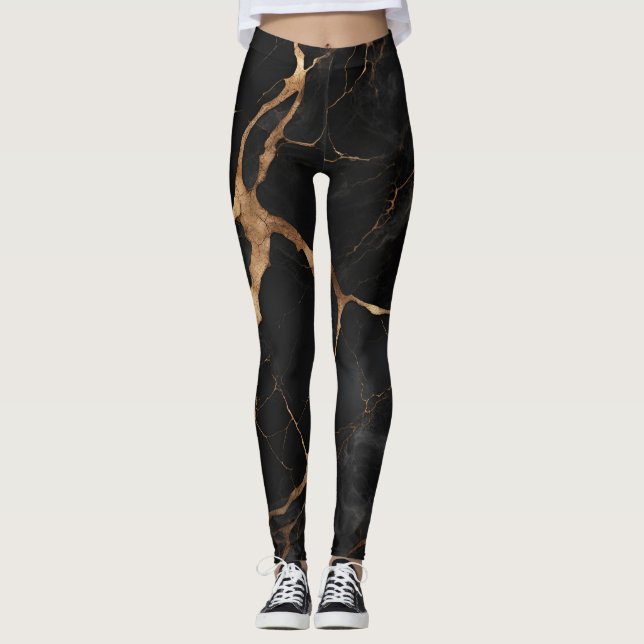 Legging Abstrato de Textura Dourada de Pedra Marble Preto (Frente)