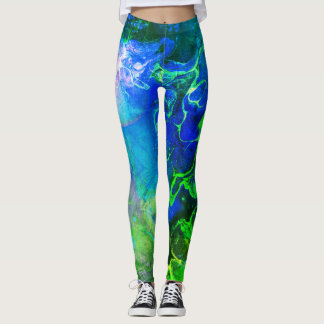 Legging Abstrato de Tinta Texturizada Fluindo Verde e Azul