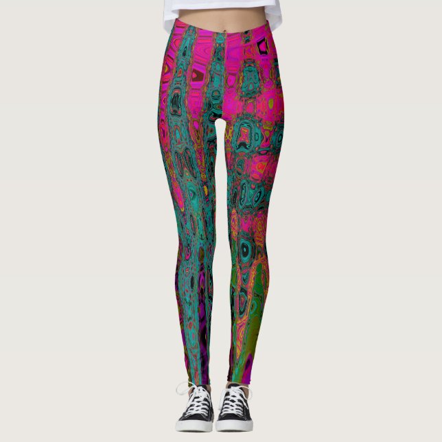 Legging Abstrato de Turquesa de Trippy Ondas Atômicas Retr (Frente)