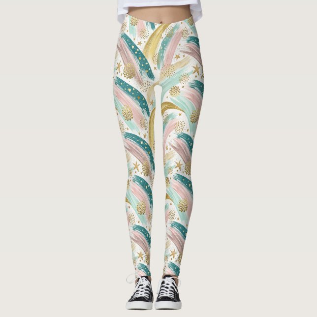 Legging Abstrato do Arco-Íris Whimsso com Estrelas Dourada (Frente)