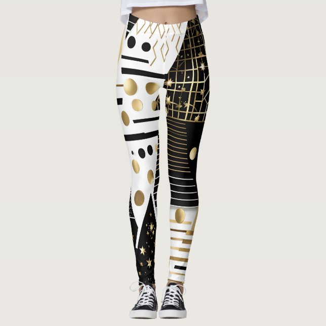 Legging abstrato dourado e triângulos pretos (Frente)