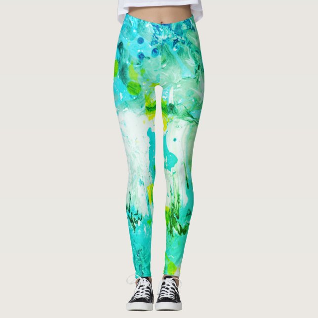 Legging Abstrato Elegante Branco Verde Amarelo Azul (Frente)