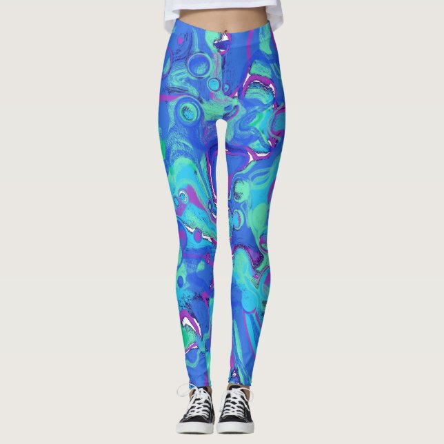 Legging Abstrato em Blues, Verdes e Roxos (Frente)