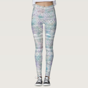 Legging Abstrato Floral Aztec Padrão Azul Roxo Tribal