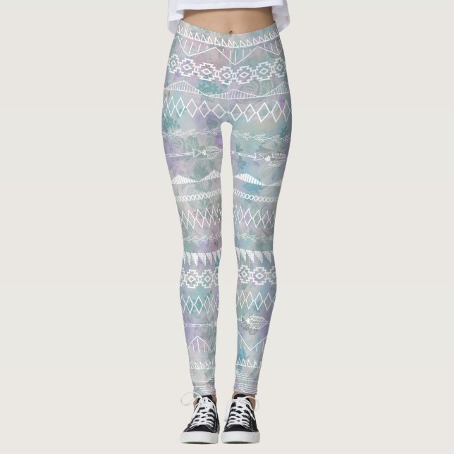 Legging Abstrato Floral Aztec Padrão Azul Roxo Tribal (Frente)
