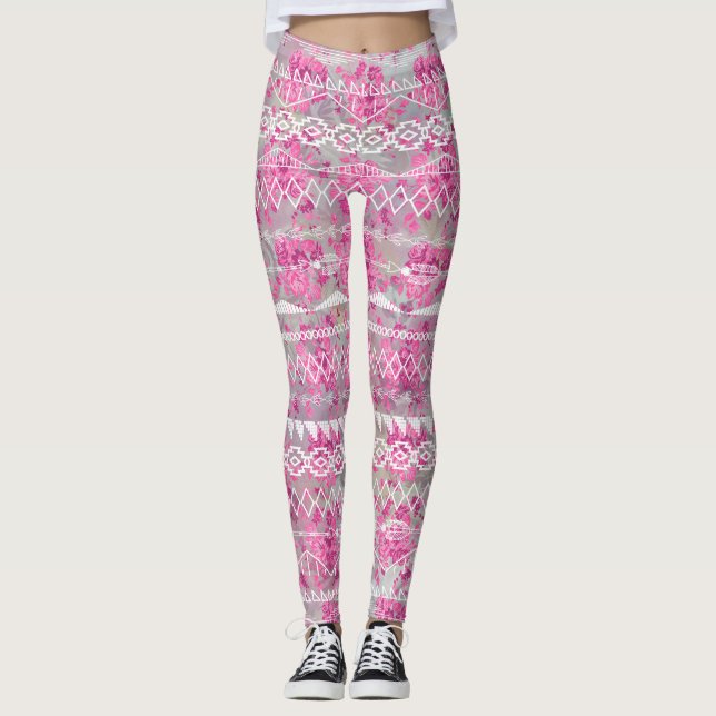 Legging Abstrato Floral Aztec Padrão Rosa Púrpura Aztec Tr (Frente)
