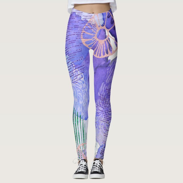 Legging Abstrato floral com legendas roxas impressas (Frente)