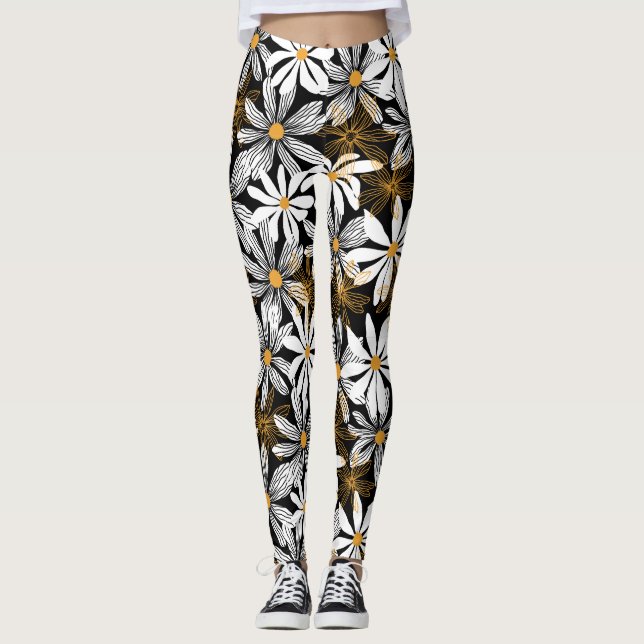 Legging Abstrato Floral de margarida amarela, branca, amar (Frente)