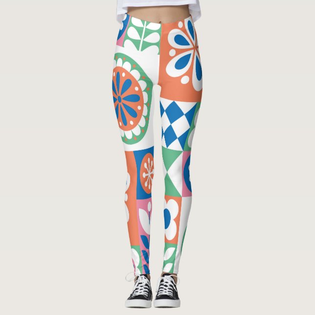 Legging Abstrato Floral, Scandinávia Folk Design. (Frente)