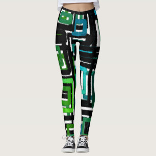Legging Abstrato Geométrico Bloqueia Azul Verde Preto