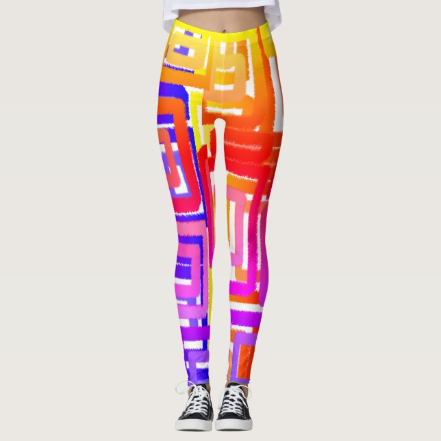 Legging Abstrato Geométrico Bloqueia Vermelho Púrpura Cor- (Frente)