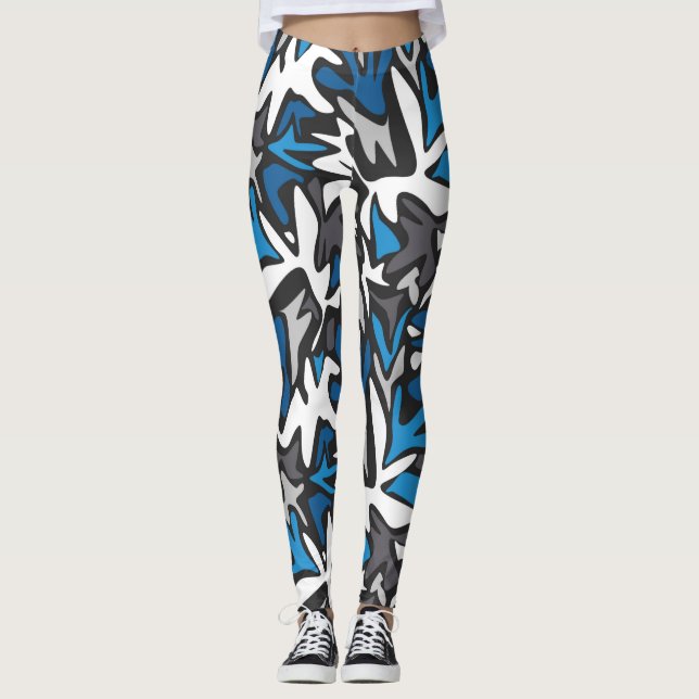 Legging abstrato, geométrico, padrão, lama preta e azul (Frente)