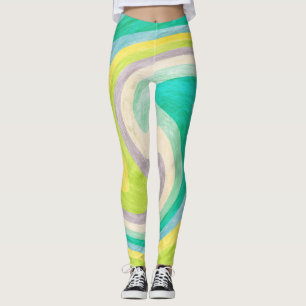 Legging Abstrato Giratório em Verde, Amarelo e Água