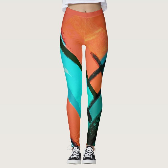 Legging Abstrato Modern Dynamic Orange Blue Green Black (Frente)
