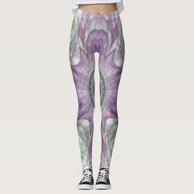 Legging Abstrato moderno - Roxo Fractal e Design Verde (Frente)
