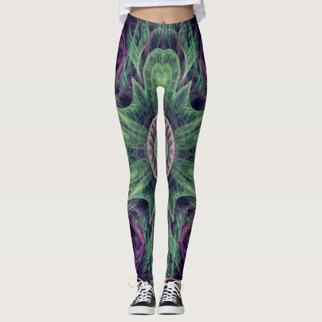Legging Abstrato moderno - Roxo Fractal e Design Verde (Frente)