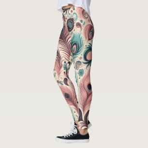 Legging Abstrato Peacock Feather Patterno Rosa Turquesa