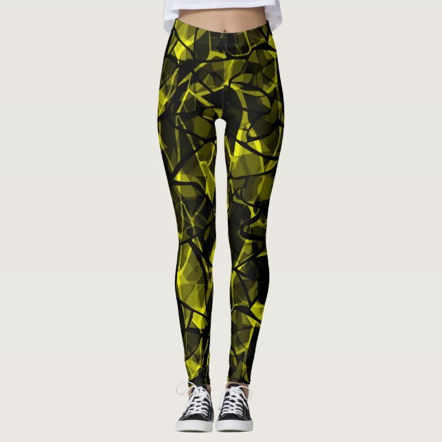 Legging Abstrato preto verde-preto de onda líquida sem cos (Frente)