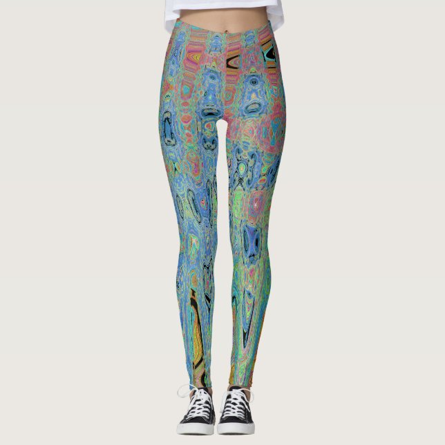 Legging Abstrato Retro Ondas Atômicas com de Groovy Azul d (Frente)