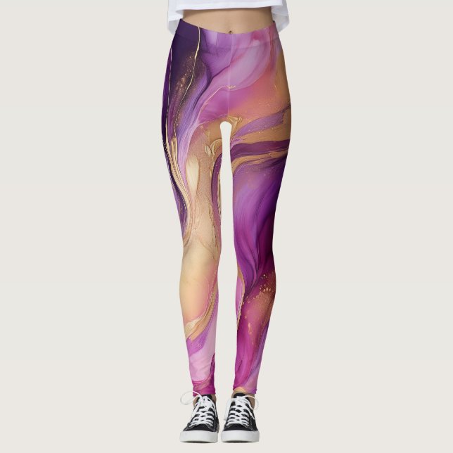 Legging Abstrato roxa-roxa-moderna, cor-de-rosa e Dourado- (Frente)