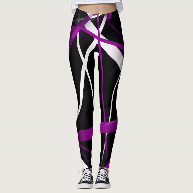 Legging Abstrato roxo sem costura e linhas brancas em pret (Frente)