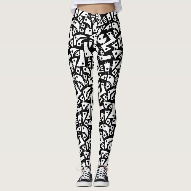 Legging Abstrato Shapes 180318 - Branco sobre Preto (Frente)